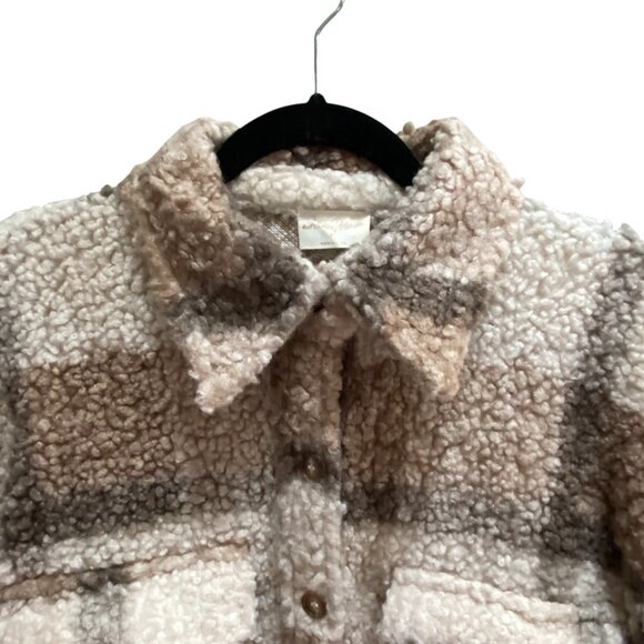Plaid Teddy Sherpa Shacket Wm Sz M Brown Shirt Jacket Oversized Country Western - Picture 3 of 14
